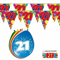 Shoppartners 21 jaar versiering set - kamer - 2x vlaggenlijnen - 8x ballonnen - gratis sticker