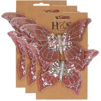 6x stuks kunststof decoratie vlinders op clip roze 10 x 15 cm - Kunstbloemen