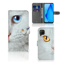 Huawei P40 Lite Telefoonhoesje met Pasjes Witte Kat - thumbnail