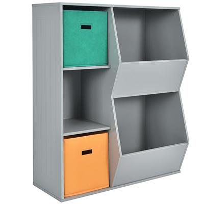 3-Vaks Kinderplank met 2 Extra Manden Moderne Staande Opbergkast voor Kinderen Opbergplank met 5 Vakken Grijs