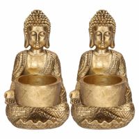 2x Decoratie boeddha beeldje met theelichthouder goud zittend 14 cm - Waxinelichtjeshouders - thumbnail