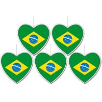 Brazilie vlag hangdecoratie - 5x stuks - hartjes vorm - karton - 14 cm - Brandvertragend - Feestarti