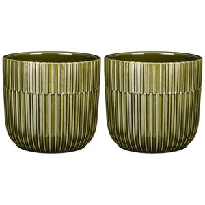 2x Stuks Plantenpot/bloempot keramiek glans donkergroen stripes patroon - D17.5/H16 cm - Plantenpotten