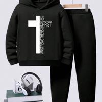 Tween Boy Black Fleece Hoodie and Pants Set - Cross Print 2pcs Black / 8Y