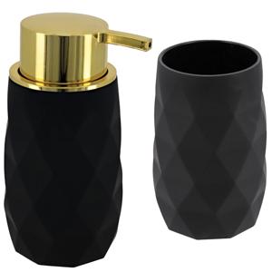Badkamer accessoire set - tandenborstelbeker en zeeppomp Diamond - zwart - kunststof