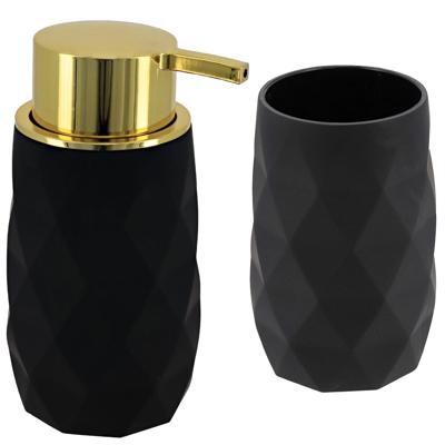 Badkamer accessoire set - tandenborstelbeker en zeeppomp Diamond - zwart - kunststof