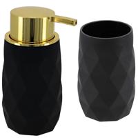 Badkamer accessoire set - tandenborstelbeker en zeeppomp Diamond - zwart - kunststof