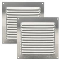 AMIG Ventilatierooster/muurrooster - 2x - 150 x 150mm - aluminium - zilver - schoepenrooster