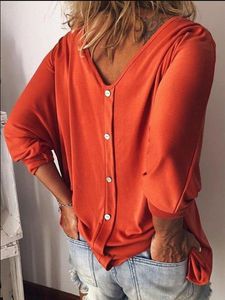 Solid V Neck Long Sleeve Buttoned T-shirt