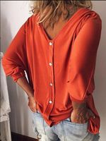 Solid V Neck Long Sleeve Buttoned T-shirt - thumbnail