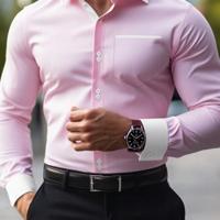 Bon&Bon Men's Khaki Casual Shirt - Long Sleeve Colorblock Polyester Baby Pink / XL