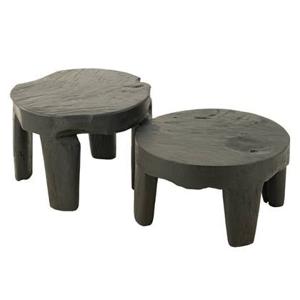 J-line - Set Van 2 Tafel Rond Teak Hout Zwart - 50x50x35cm