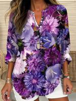 Loose Casual Floral Notched Shirt - thumbnail