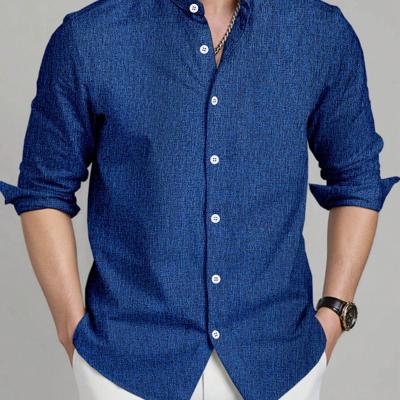 Bon&Bon Men's Stand Collar Long Sleeve Shirt - Dark Grey Casual Top Blue / M