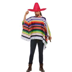 Carnaval verkleed set Mexicaan - gekleurde one size poncho - Sombrero hoed rood dia 59 cm