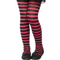 Carnaval verkleed panty voor kinderen - gestreept - zwart/roze - heksen - 40 denier