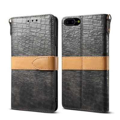 iPhone 7 Plus & 8 Plus tweekleurig Krokodil structuur PU leren Flip Hoesje met houder, draagriem en opbergruimte voor pinpassen & geld (grijs)