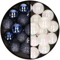 36x stuks kunststof kerstballen donkerblauw en parelmoer wit 3 en 4 cm - thumbnail