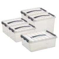 Sunware Q-Line opberg boxen set 5x stuks - 3 maten - 6-9-12 liter - kunststof - transparant/grijs