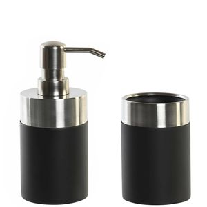 Badkamer accessoires setje drinkbeker en zeeppompje 17 cm zwart/zilver - Zeeppompjes