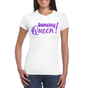 Vrijgezellenfeest t-shirt dames - Dancing Queen - wit - paarse glitter - foute party