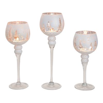 Windlichtset Kelk, Winterbosdecor, 30, 35, 40 cm x Ø13 cm, van wit glas, set van 3