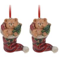 Kersthanger kerstmuts met beertje - 6x - rood - 8 cm - keramiek - kerstornament - kerstboomversierin