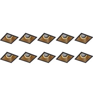 Spot Armatuur 10 Pack - Pragmi Zano Pro - GU10 Inbouwspot - Vierkant - Zwart/Goud - Aluminium - Kantelbaar - 93mm