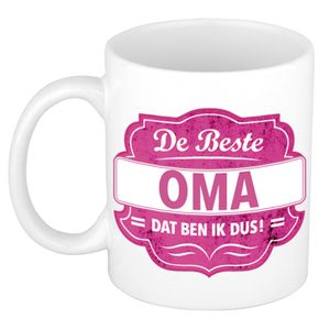 De beste oma cadeau mok / beker wit met roze embleem 300 ml   -