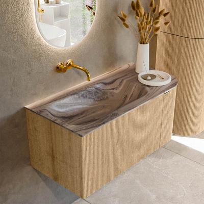 Badmeubel Mondiaz Kurve-Dlux | 95 cm | Meubelkleur Oak | Wastafelkleur Sombra | Solid surface | Wasbak linker zijde spoelbak | Zonder kraangat(en)