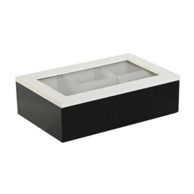 Theedoos Fusion - 6-vaks - zwart / wit - hout - 23 x 15 x 7 cm - doorzichtige deksel - theezakjes op