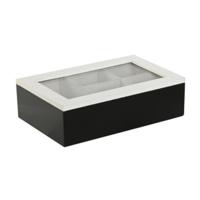 Theedoos Fusion - 6-vaks - zwart / wit - hout - 23 x 15 x 7 cm - doorzichtige deksel - theezakjes op