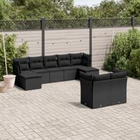 9-delige Loungeset met kussens poly rattan zwart