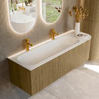 Badmeubel Mondiaz Kurve | 145 cm cm | Meubelkleur Dusk | Wastafelkleur Talc | Solid surface | Wasbak links zijde spoelbak | 2 kraangaten