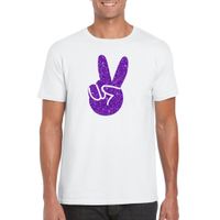 Wit Flower Power t-shirt paarse glitter peace hand heren