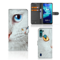 Motorola G8 Power Lite Telefoonhoesje met Pasjes Witte Kat - thumbnail
