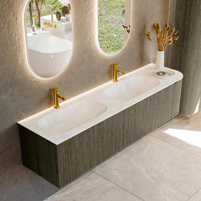 Badmeubel Mondiaz Kurve-Dlux | 175 cm cm | Meubelkleur Shadow | Wastafelkleur Opalo | Solid surface | Dubbel / Links spoelbak | 2 kraangaten