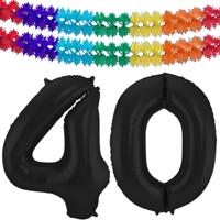 Leeftijd folie ballonnen - Leeftijd cijfer 40 - zwart - 86 cm - en 2x feestslingers gekleurd
