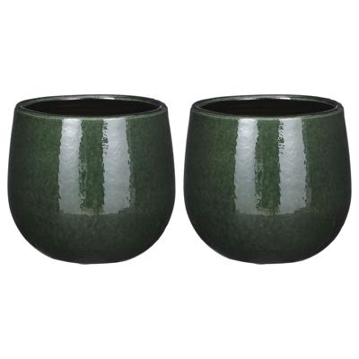 Plantenpot/bloempot keramiek donkergroen speels licht gevlekt patroon - 2x - D14/H12 cm Plantenpot/bloempot keramiek donkergroen speels licht gevlekt patroon - 2x - D14/H12 cm