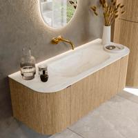 Badmeubel Mondiaz Kurve-Dlux | 120 cm | Meubelkleur Oak | Wastafelkleur Ostra | Solid surface | Midden spoelbak | Zonder kraangat(en)