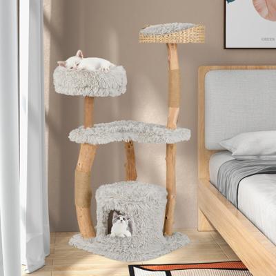 124cm Houten Krabpaal Kattenboom met Krabpalen Kattengrot Pluche Zitje & Zitplatform Kattenmeubels Kattenkrabpaal Grijs