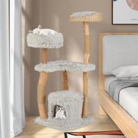 124cm Houten Krabpaal Kattenboom met Krabpalen Kattengrot Pluche Zitje & Zitplatform Kattenmeubels Kattenkrabpaal Grijs