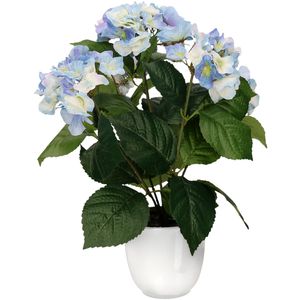 Hortensia kunstplant/kunstbloemen 40 cm - blauw - in pot wit glans