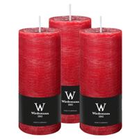 Cilinderkaars/stompkaars - 3x - rustieke kaars - rood - 7 x 16 cm - 66 branduren