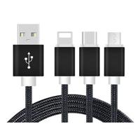Reekin 3in1 gevlochten USB-kabel - MicroUSB, Lightning, USB-C - 1.2m - Zwart - thumbnail