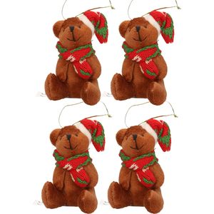 5x Kersthangers knuffelbeertjes bruin met gekleurde sjaal en muts 7 cm