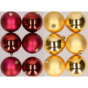 12x stuks kunststof kerstballen mix van donkerrood en goud 8 cm