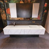 Badkamermeubelset Mondiaz Erin 200 cm met 2 Lades met RIDGE Wastafel Rechts Linen Zonder Kraangaten Greeploos Mat Carrara