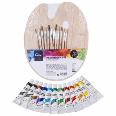 Toppoint Hobby/knutsel schilderen set - met 12 kleuren acryl verf - en houten palet - 12 verfkwasten