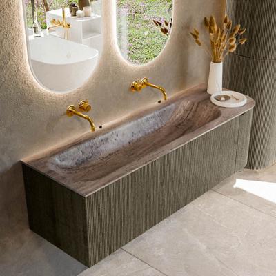Badmeubel Mondiaz Kurve-Dlux | 145 cm | Meubelkleur Shadow | Wastafelkleur Oza | Solid surface | Wasbak linker zijde spoelbak | Zonder kraangat(en)